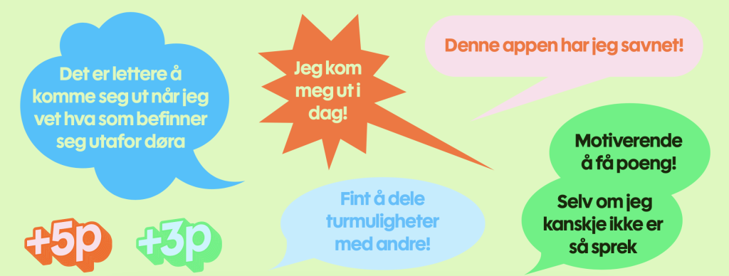 Snakkebobler med sitat som: Denne appen har jeg savnet! Jeg kom meg ut i dag! Fint å dele turmuligheter med andre!